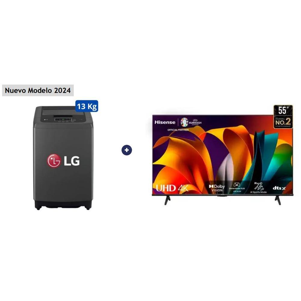 LAVADORA LG 13KG CARGA SUPERIOR SMART INVERTER C/TURBODRUM MIDDLE BLACK WT13BPBK + TELEVISOR HISENSE 55" SMART 55A6N 4K UHD VIDAA(COMBO)