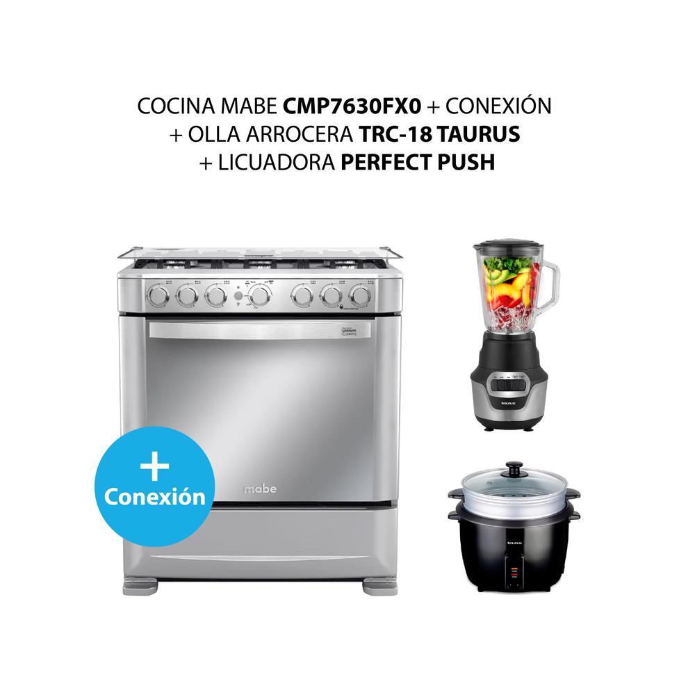 COCINA MABE CMP7630FX0 + CONEXIÓN + OLLA ARROCERA TRC-18+ LICUADORA PERFECT PUSH (COMBO)