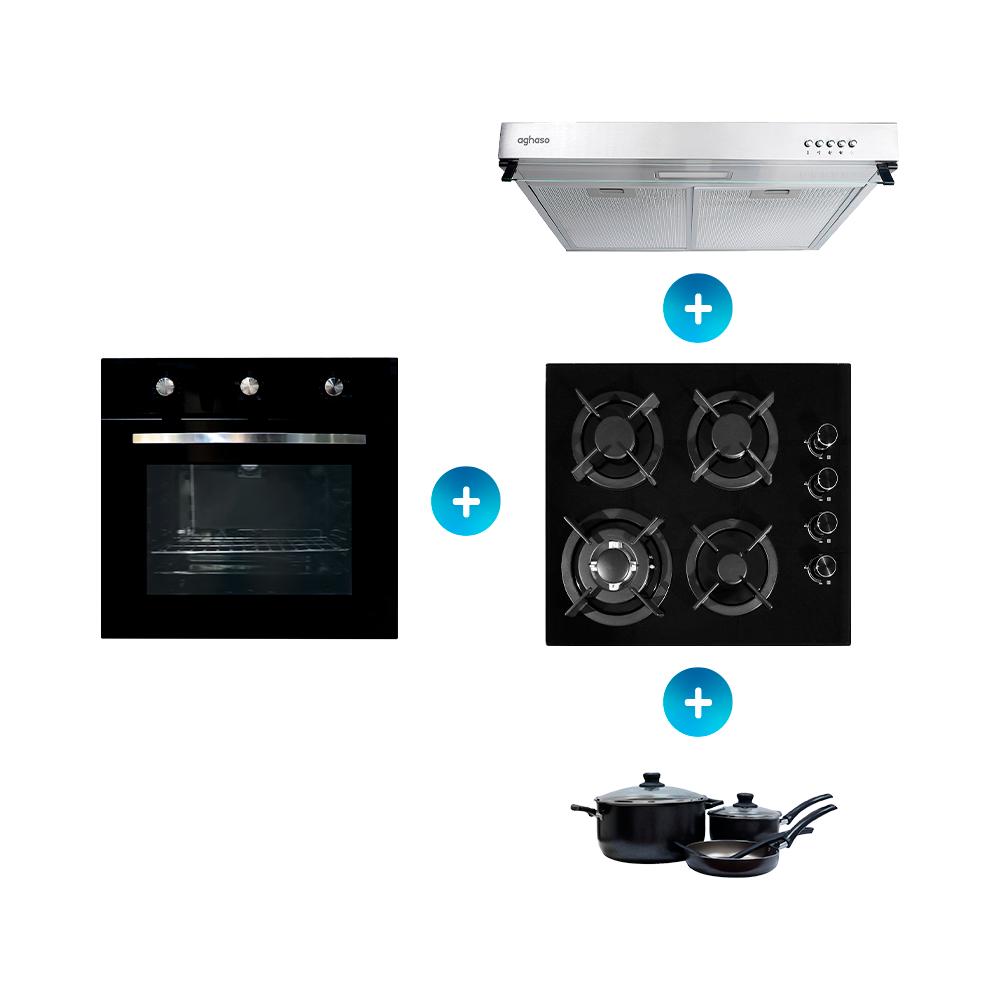 HORNO AGHASO 4 FUNCIONES + ENCIMERA MESA DE VIDRIO AGHASO DE 60CM + CAMPANA EXTRACTORA DE 60CM + SET DE OLLAS