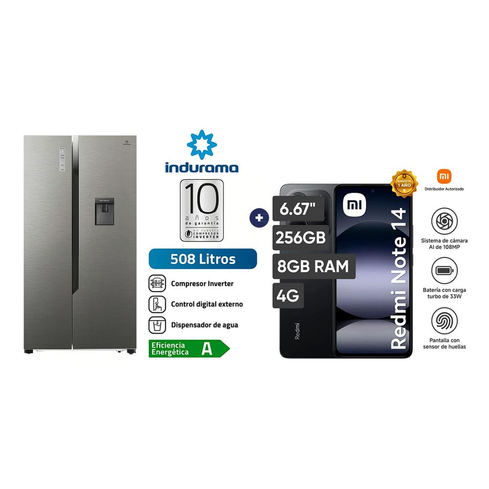 REFRIGERADORA INDURAMA 508 LT SIDE BY SIDE RI-788DI COLOR CROMA + CELULAR REDMI NOTE 14 MIDNIGTH BLACK 8GB RAM 256GB