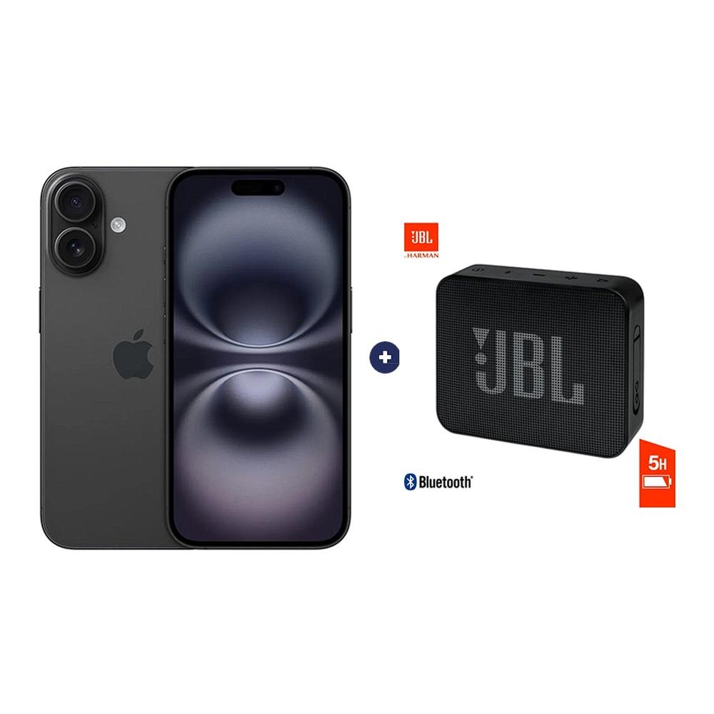 CELULAR APPLE IPHONE 16 128 GB, 6.1 PULGADAS NEGRO + PARLANTE JBL GO ESSENTIAL NEGRO