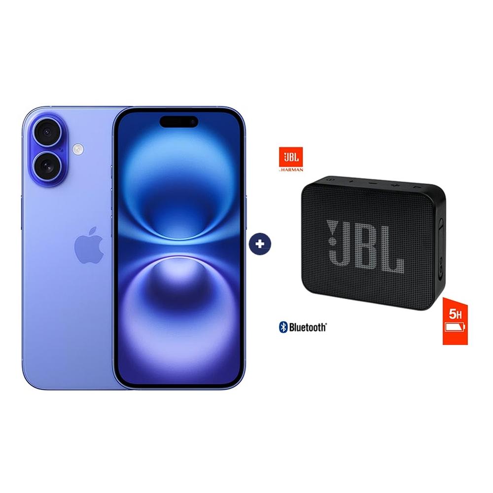 CELULAR APPLE IPHONE 16 128 GB, 6.1 PULGADAS COLOR + PARLANTE JBL GO ESSENTIAL NEGRO