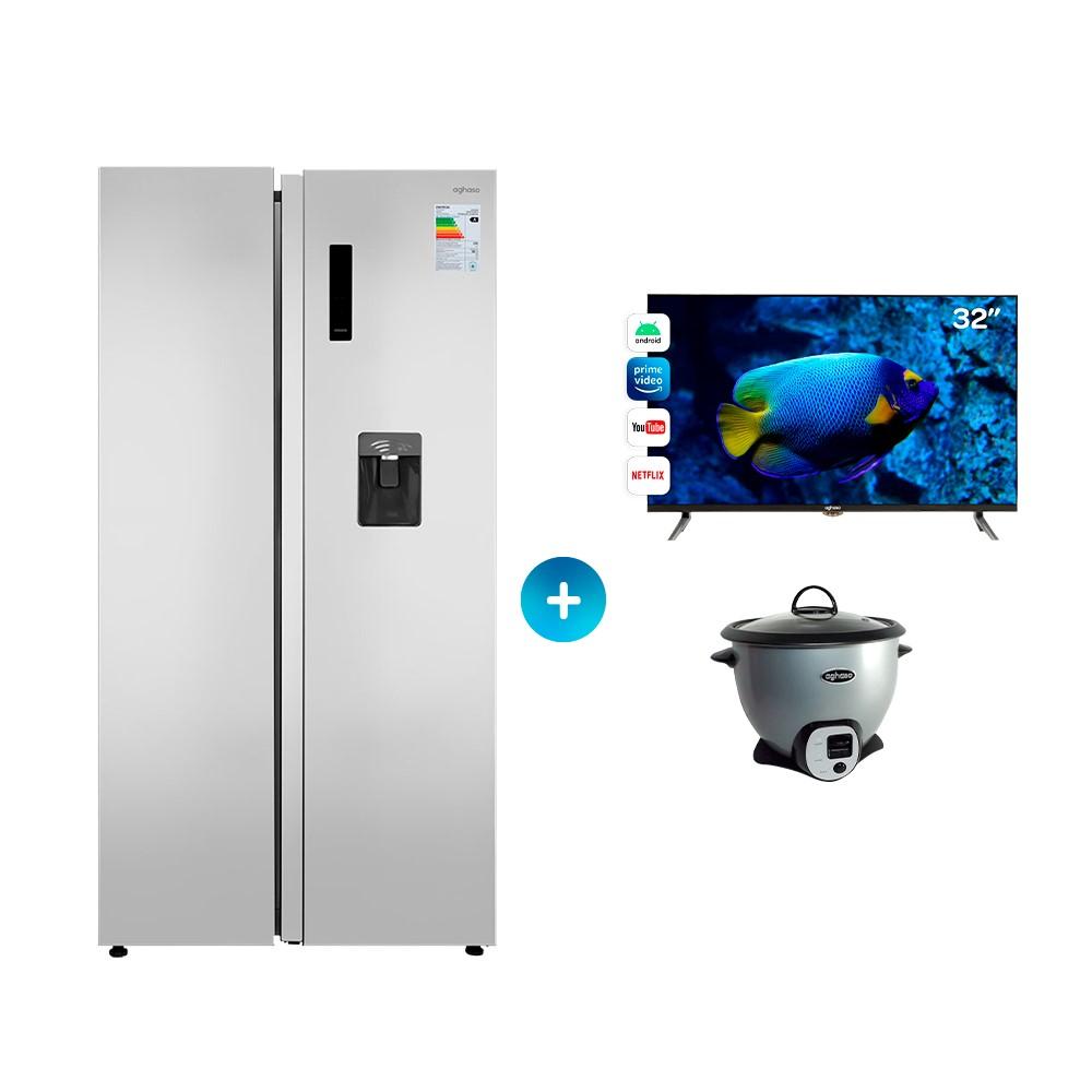 REFRIGERADORA SIDE BY SIDE 511L + TELEVISOR AGHASO 32" + OLLA ARROCERA MULTIUSOS AGHASO