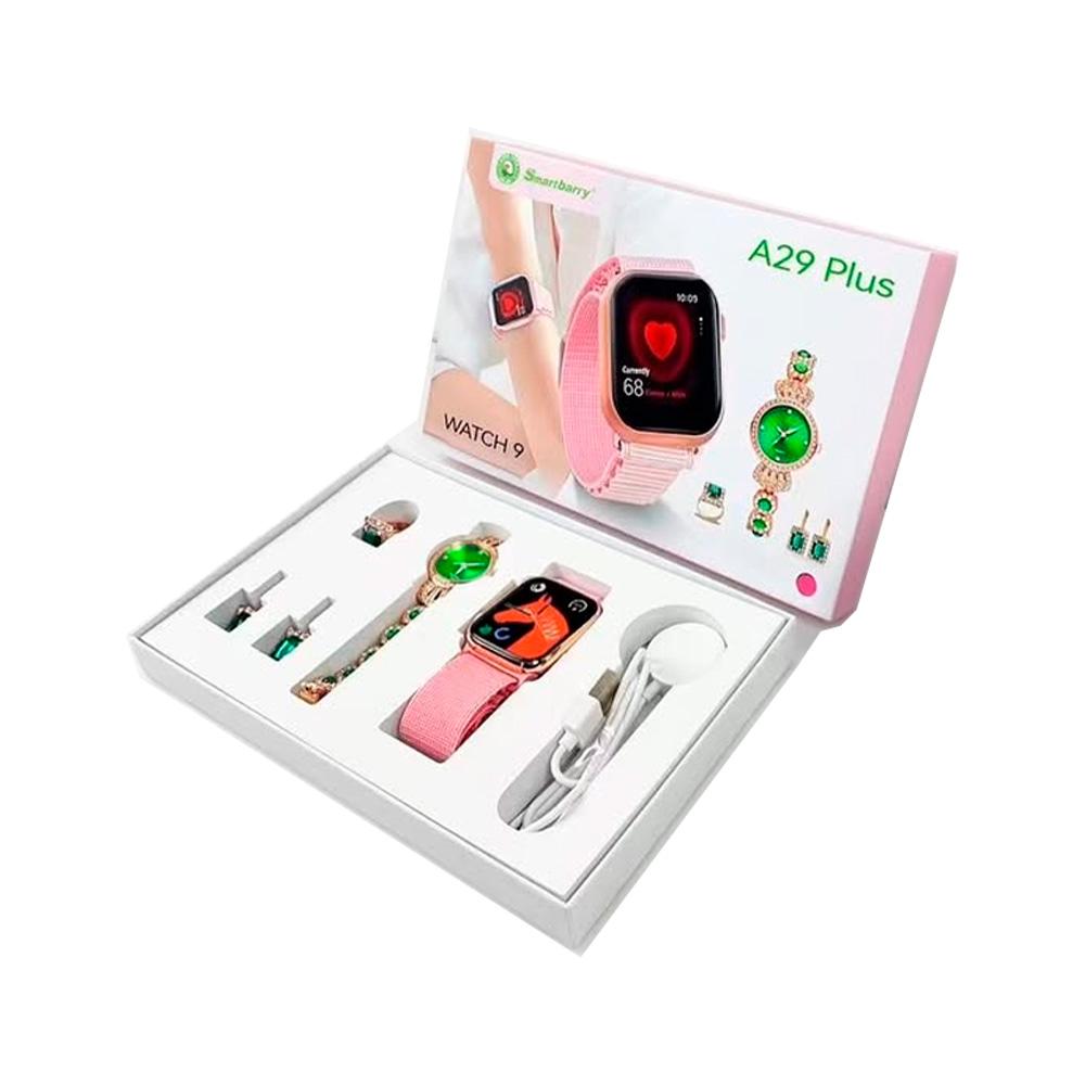 COMBO 6 EN 01 A29 PLUS WATCH 9 + ARETES + RELOJ ANÁLOGO