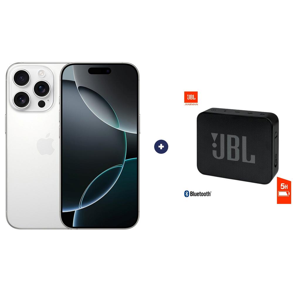 CELULAR IPHONE 16 PRO ESIM 5G 128 GB, 6.3 PULGADAS COLOR+ PARLANTE JBL GO ESSENTIAL NEGRO