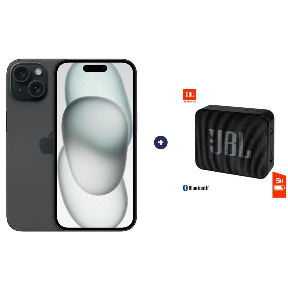 CELULAR IPHONE 15 128 GB, 6.1 PULGADAS NEGRO + PARLANTE JBL GO ESSENTIAL NEGRO