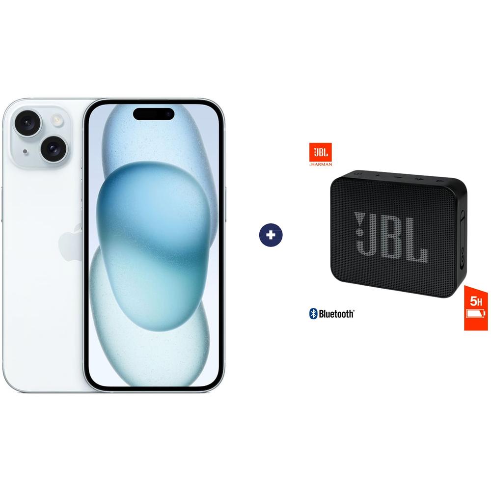 CELULAR IPHONE 15 128 GB, 6.1 PULGADAS COLOR + PARLANTE JBL GO ESSENTIAL NEGRO