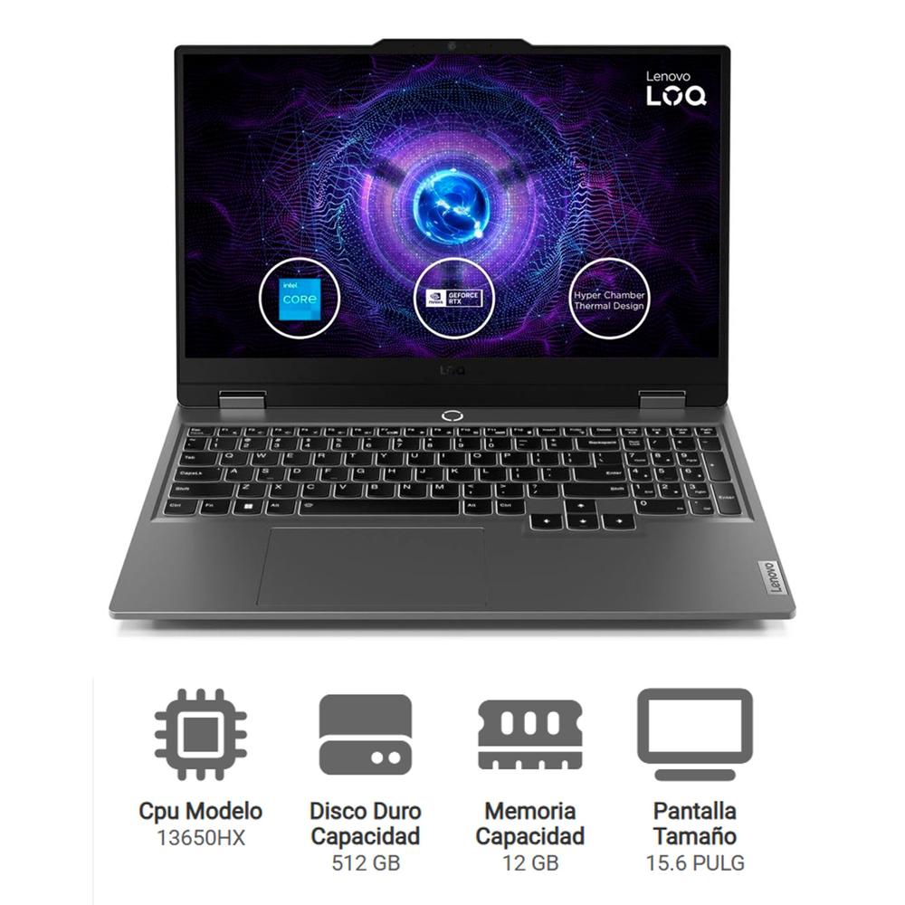 LAPTOP GAMER LENOVO LOQ 15IAX9 INTEL CORE I7 I7 13650HX /12GB /512GB SSD/15.6"FHD/NVIDIA® GEFORCE RTX™ 3050 6GB/TECLADO ESPAÑOL RETROILUMINADO/WINDOWS 11 HOME, GRIS