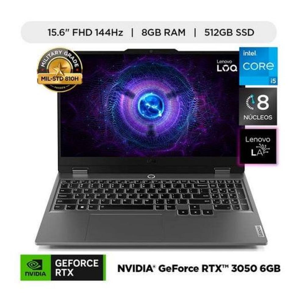 LAPTOP GAMER LENOVO LOQ 15IAX9 INTEL CORE I5 12450HX /8GB /512GB SSD/15.6"FHD/NVIDIA® GEFORCE RTX™ 3050 6GB/TECLADO ESPAÑOL RETROILUMINADO/WINDOWS 11 HOME, GRIS