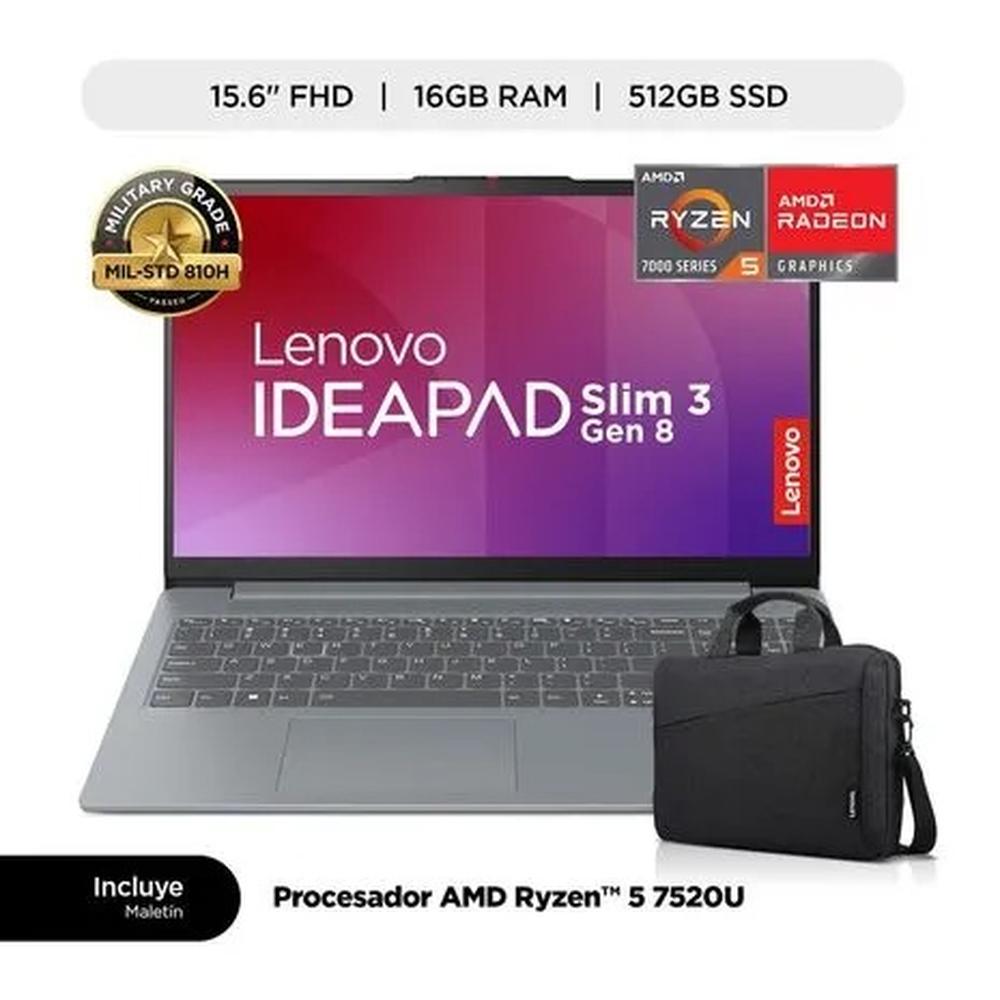 LAPTOP LENOVO IDEAPAD SLIM 3 AMD RYZEN 5 7520U(4N/8SUB), 16GB, 512GB SSD, 15.6" FHD, WINDOWS 11, COLOR: ARCTIC GREY + MALETIN LENOVO.