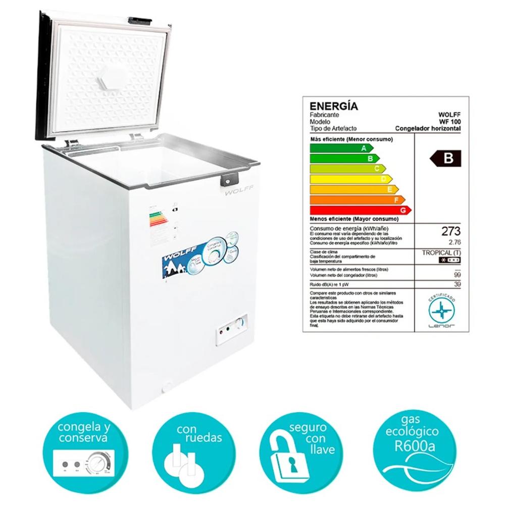 CONGELADORA - CONSERVADORA 100 LTS WOLFF C/LLAVE, RUEDAS BLANCO