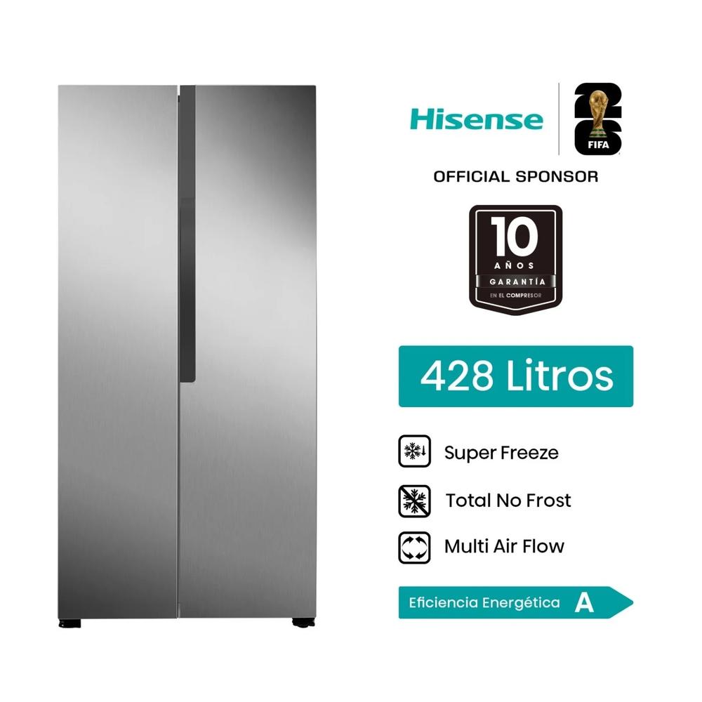 REFRIGERADORA SIDE BY SIDE HISENSE 428L SIN DISPENSER INVERTER RS3P428NEDA GRIS