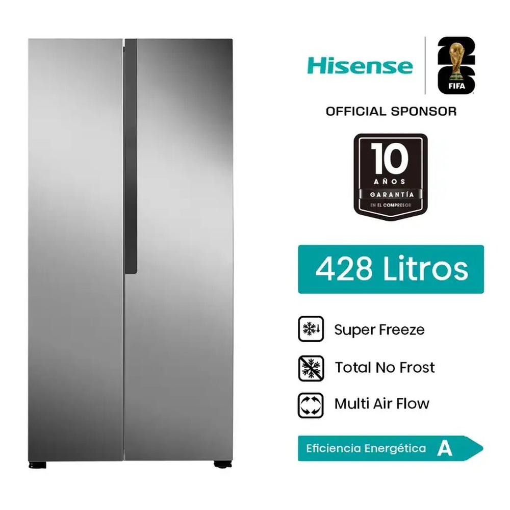 REFRIGERADORA SIDE BY SIDE HISENSE 428L SIN DISPENSER INVERTER RS3P428NEDA GRIS