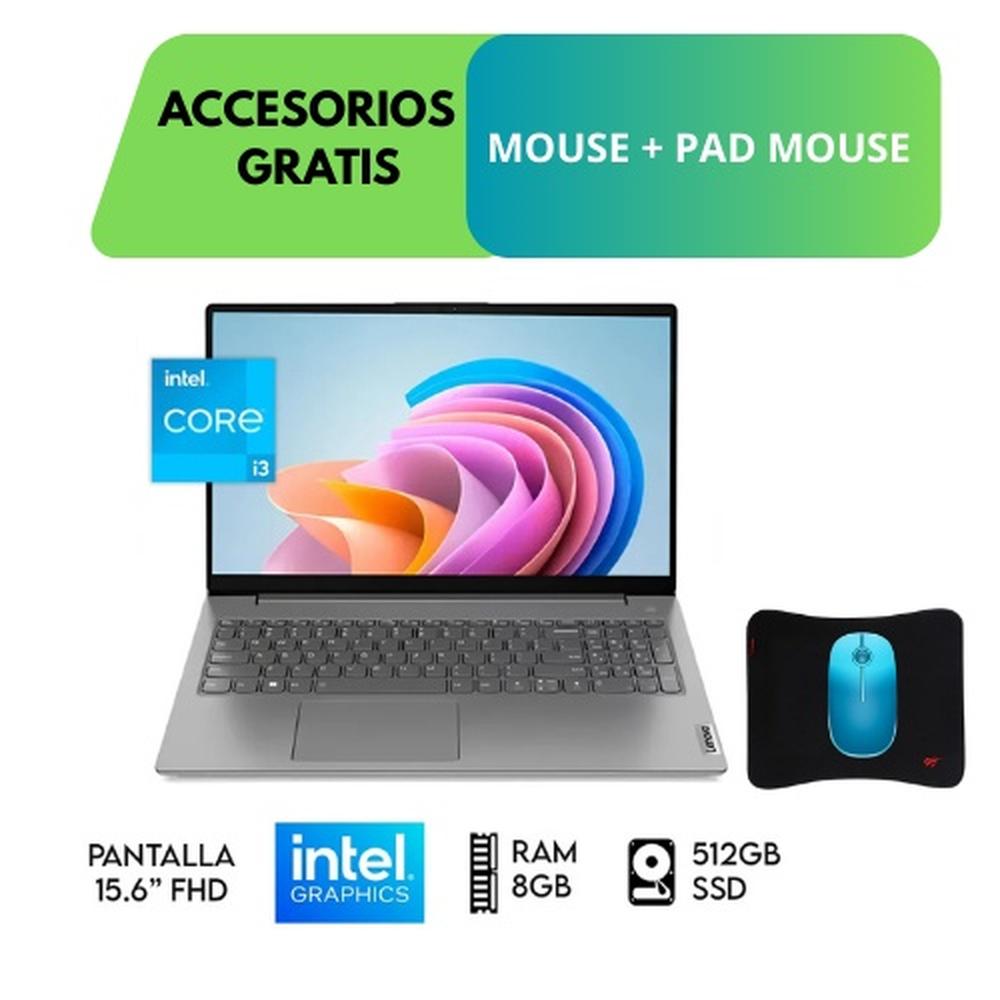 COMBO LAPTOP LENOVO V15 G5 IRL, 15.6 FHD, INTEL CORE I3-1315U HASTA 4.5GHZ , 8GB DDR5 5200MHZ, 512GB SSD, TECLADO EN ESPAÑOL, LUNA GREY + ACCESORIOS GRATIS (MOUSE Y PADMOUSE)