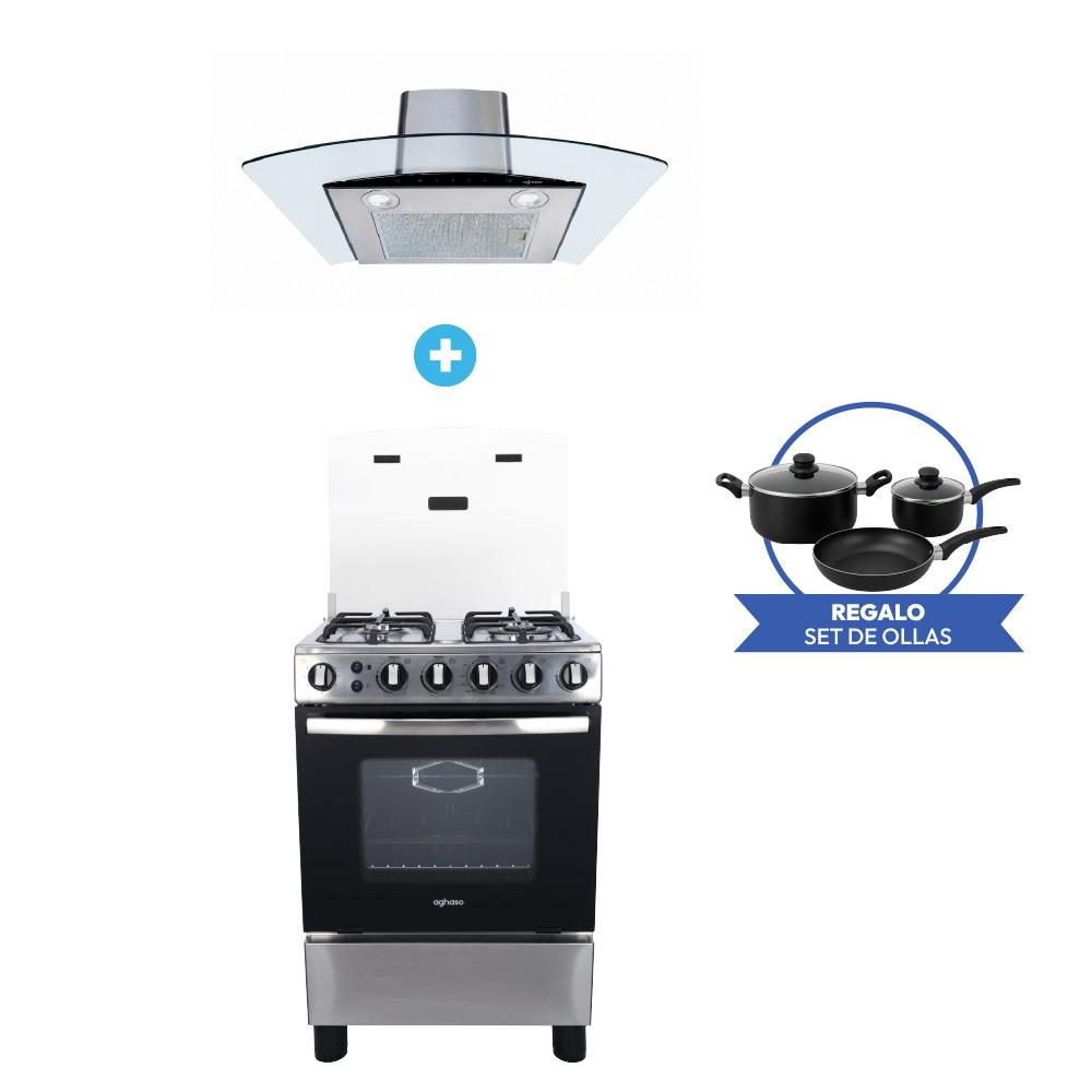 COCINA AGHASO PREMIUM 4H + CAMPANA CHIMENEA 60 + SET DE OLLAS + CONEXIÓN