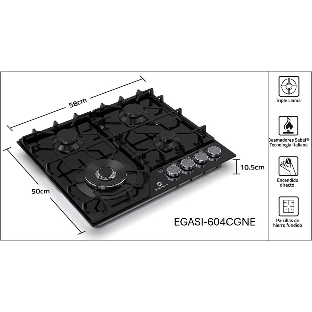 COCINA A GAS EMPOTRABLE INDURAMA 4 HORNILLAS (60 CM) VIDRIO TEMPLADO NEGRO, 4 QUEMADORES SABAF  EGASI-604CGNE