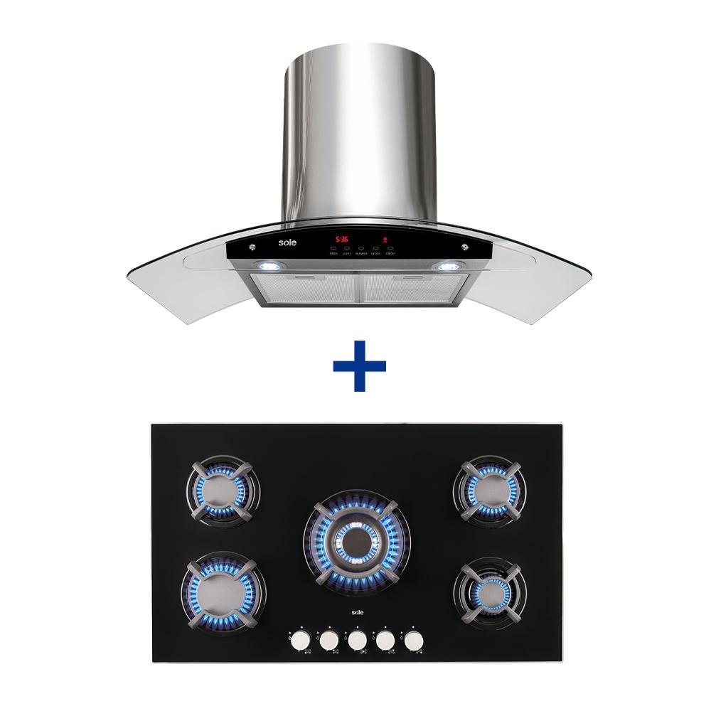 COCINA EMPOTRABLE SOLE 5Q VIDRIO SOLCO033GN + CAMPANA SOLE DECORATIVA VENUS PLUS 90