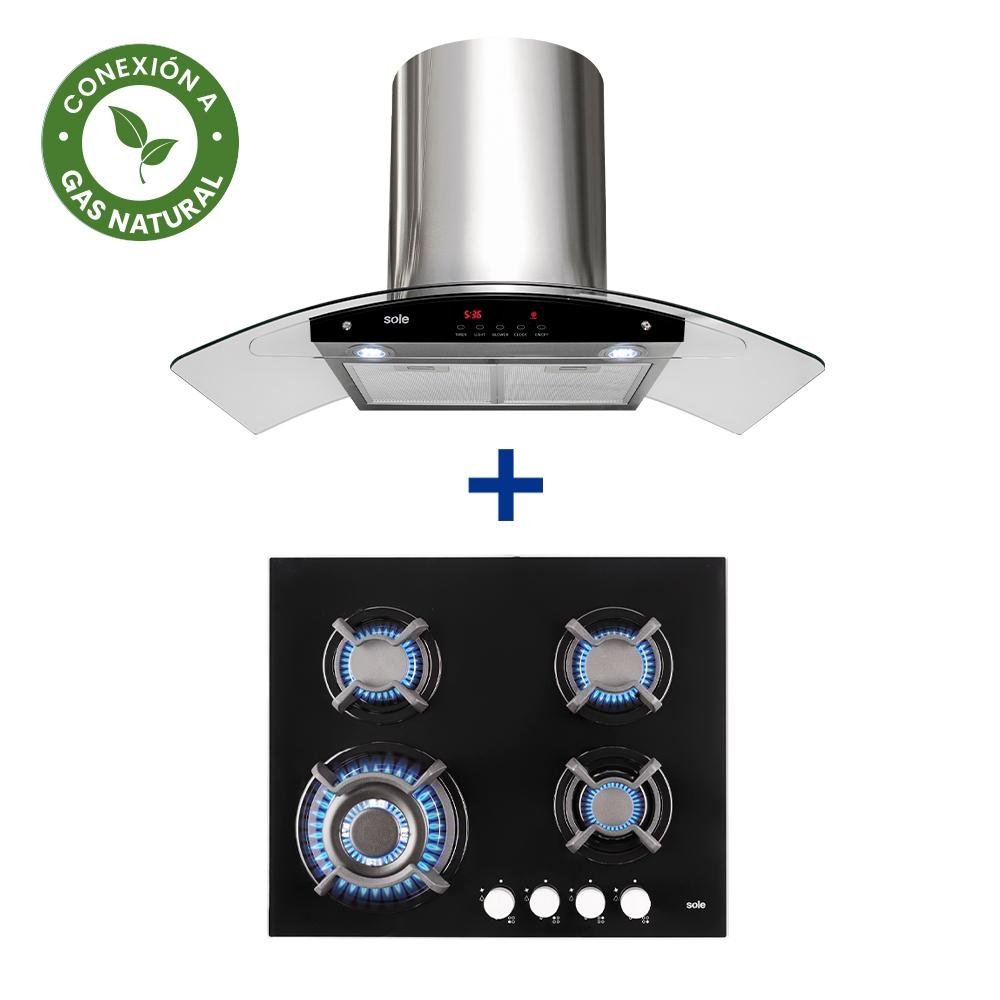 COCINA EMPOTRABLE SOLE 4Q VIDRIO SOLCO034GN + CONEXIÓN + CAMPANA SOLE DECORATIVA VENUS PLUS 90