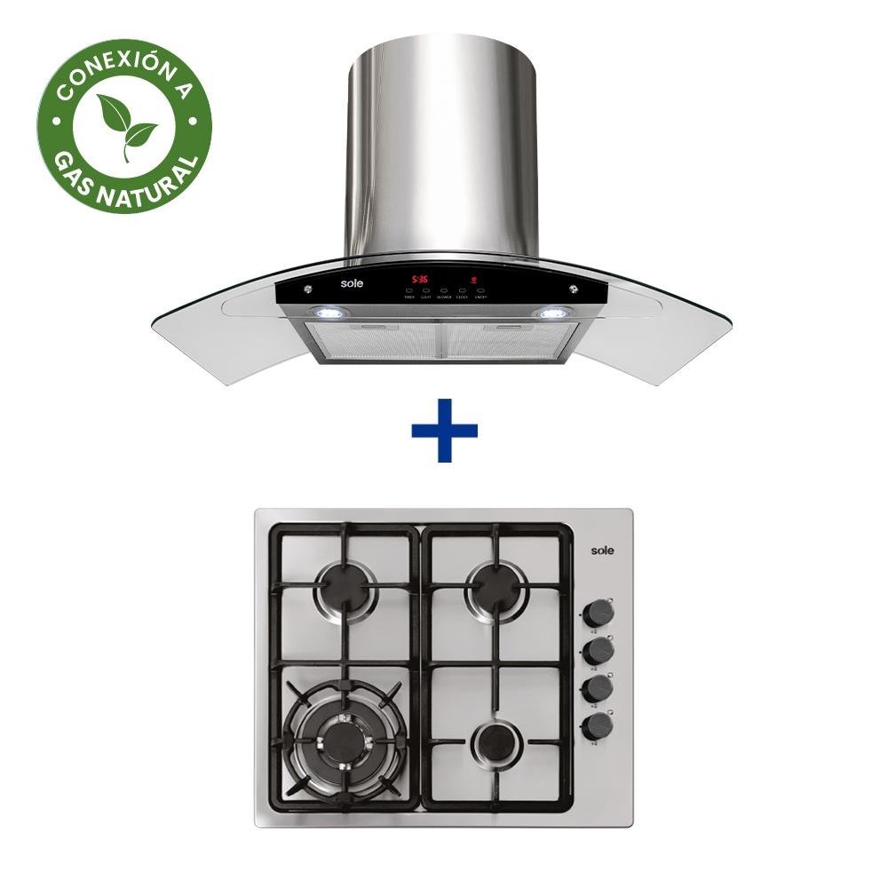 COCINA EMPOTRABLE SOLE 4Q ACERO INOX SOLCO036GN + CONEXIÓN + CAMPANA SOLE DECORATIVA VENUS PLUS 90