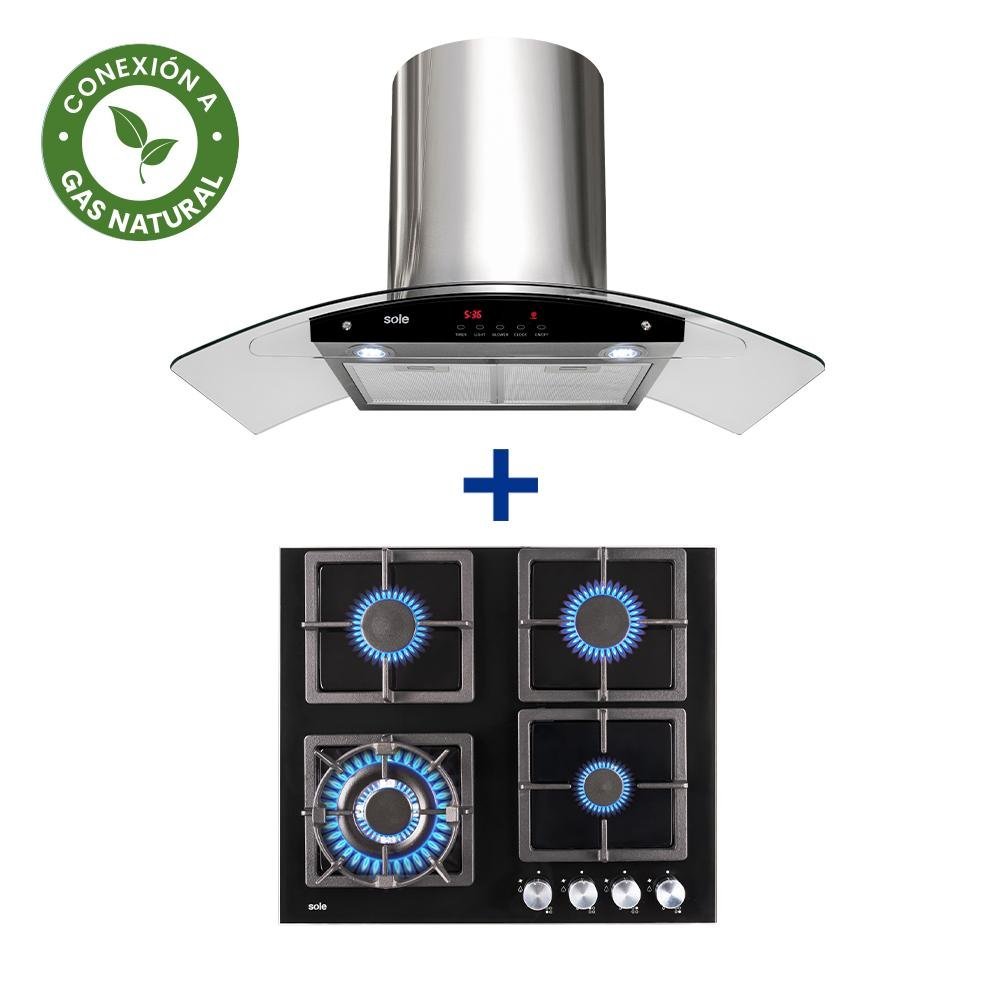 COCINA EMPOTRABLE SOLE 4Q TOP VIDRIO SOLCO040GN + CONEXIÓN + CAMPANA SOLE DECORATIVA VENUS PLUS 90