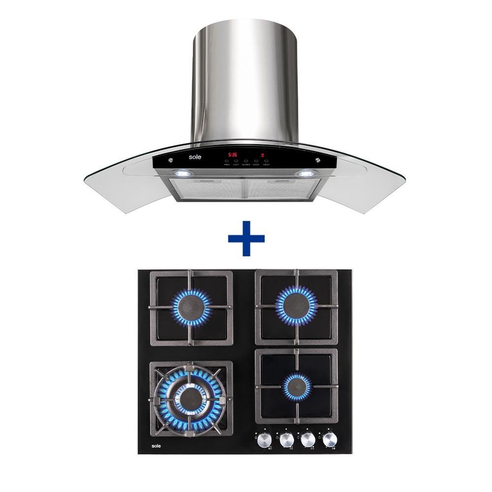 COCINA EMPOTRABLE SOLE 4Q TOP VIDRIO SOLCO040GN + CAMPANA SOLE DECORATIVA VENUS PLUS 90
