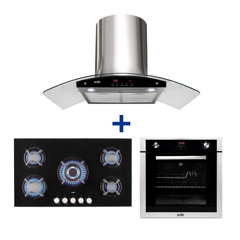 COCINA EMPOTRABLE SOLE 5Q VIDRIO SOLCO033GN + CAMPANA SOLE DECORATIVA VENUS PLUS 90 + HORNO EMPOTRABLE GAS PREMIUM