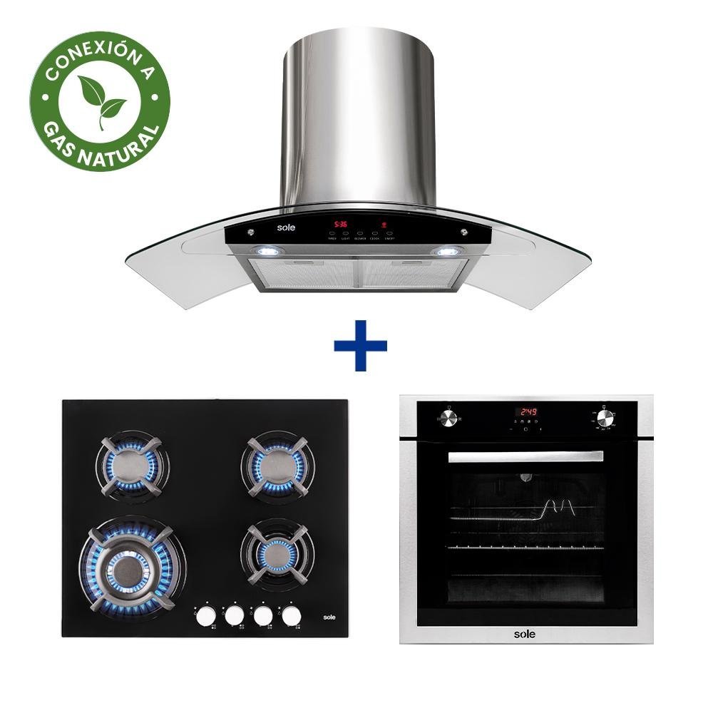 COCINA EMPOTRABLE SOLE 4Q VIDRIO SOLCO034GN + CONEXIÓN + CAMPANA SOLE DECORATIVA VENUS PLUS 90 + HORNO EMPOTRABLE GAS PREMIUM