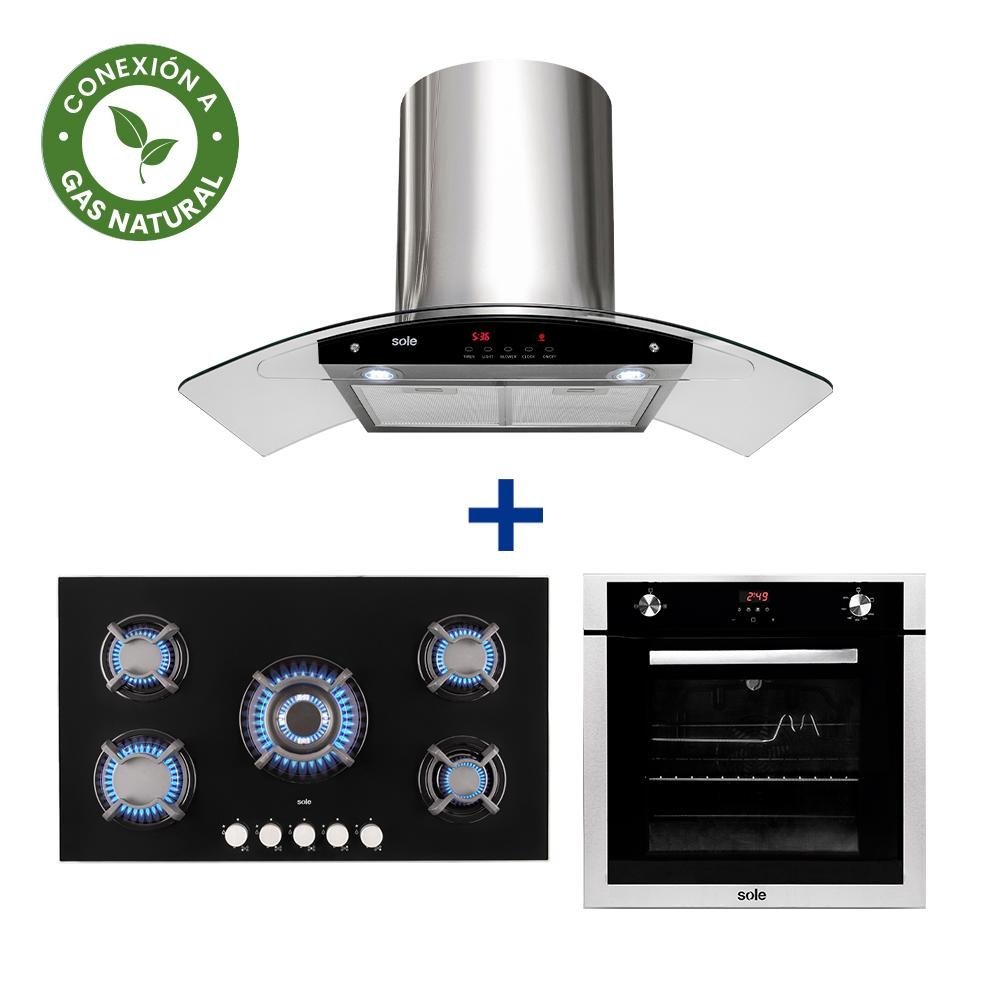COCINA EMPOTRABLE SOLE 5Q VIDRIO SOLCO033GN + CONEXIÓN + CAMPANA SOLE DECORATIVA VENUS PLUS 90 + HORNO EMPOTRABLE GAS PREMIUM