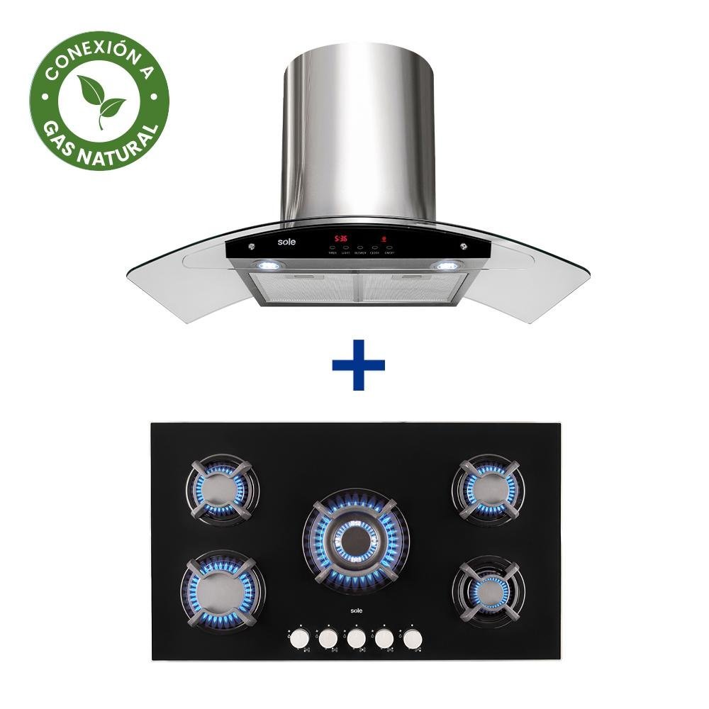 COCINA EMPOTRABLE SOLE 5Q VIDRIO SOLCO033GN + CONEXIÓN + CAMPANA SOLE DECORATIVA VENUS PLUS 90