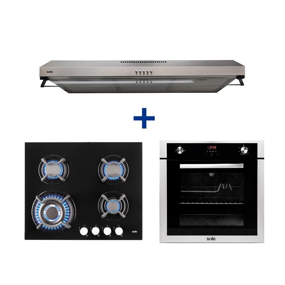 COCINA EMPOTRABLE SOLE 4Q VIDRIO SOLCO034GN + HORNO EMPOTRABLE GAS NAT.PREMIUM+CAMPANA SOLE ROMA 90CM 2M INOXV2