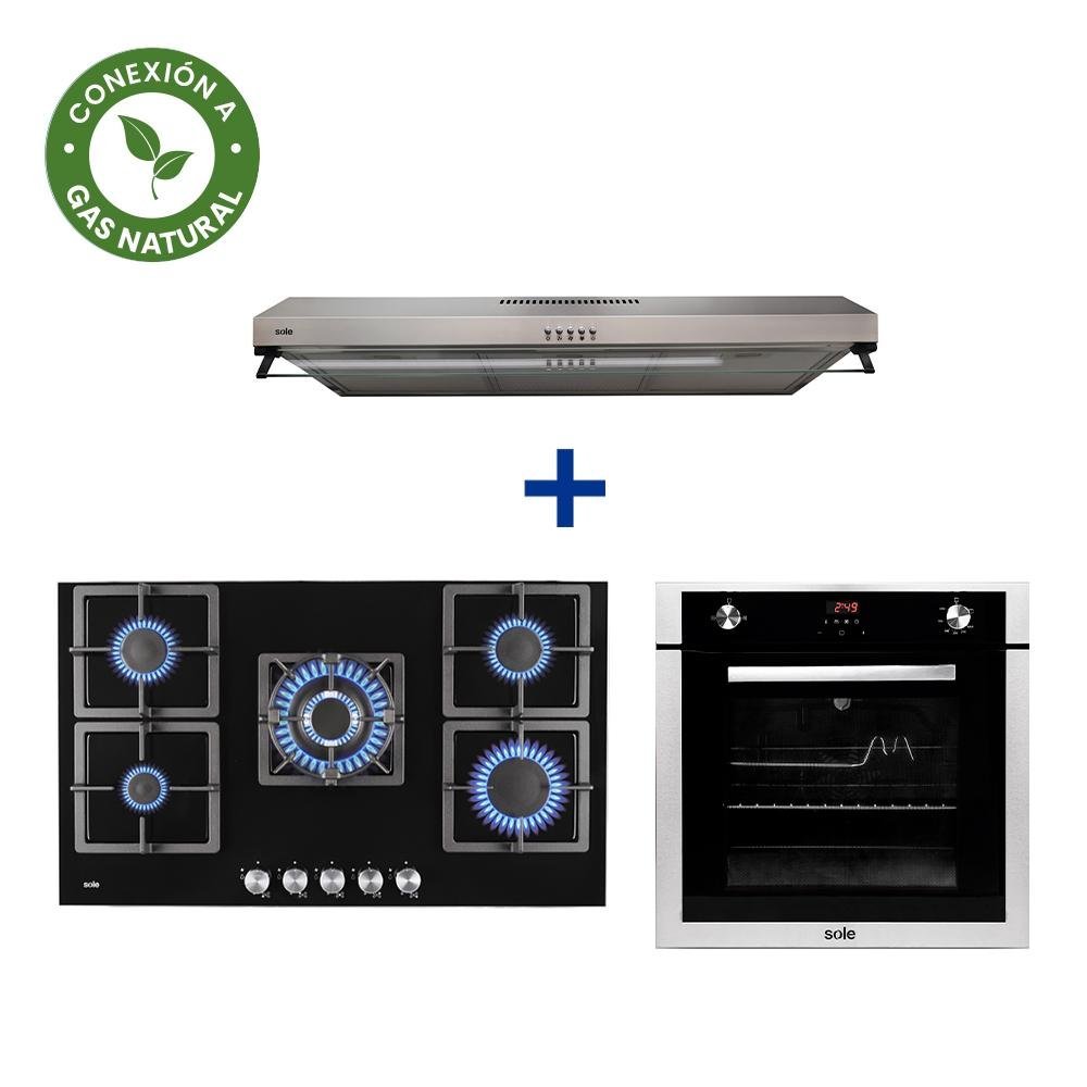 COCINA EMP. SOLE 5Q VIDRIO SOLCO041GN + CONEXIÓN + HORNO EMPOTRABLE GAS NAT.PREMIUM + CAMPANA ROMA 90CM 2M