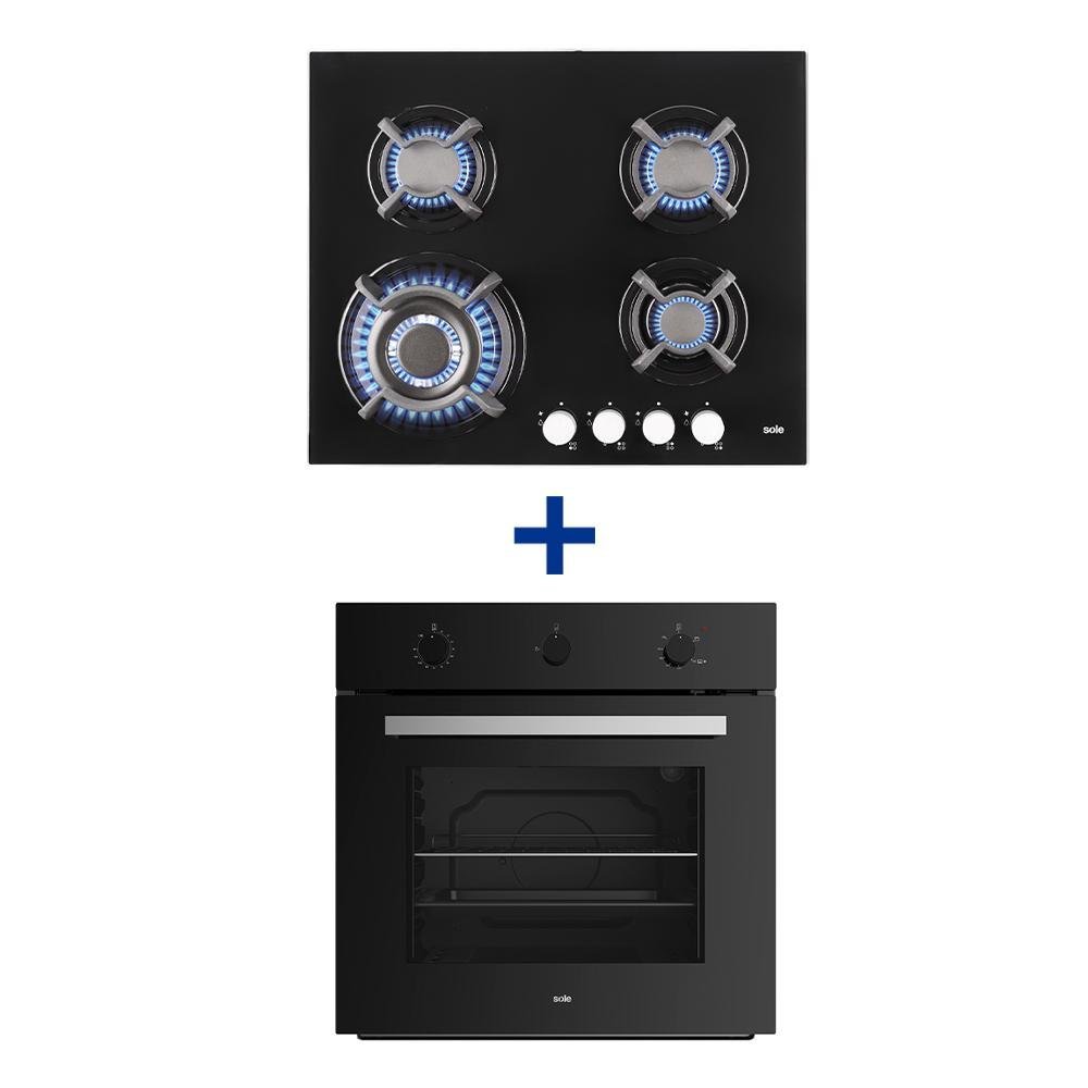 COCINA EMP. SOLE 4Q VIDRIO SOLCO034GN + HORNO EMPOTRABLE SOLE MIX CLASSIC