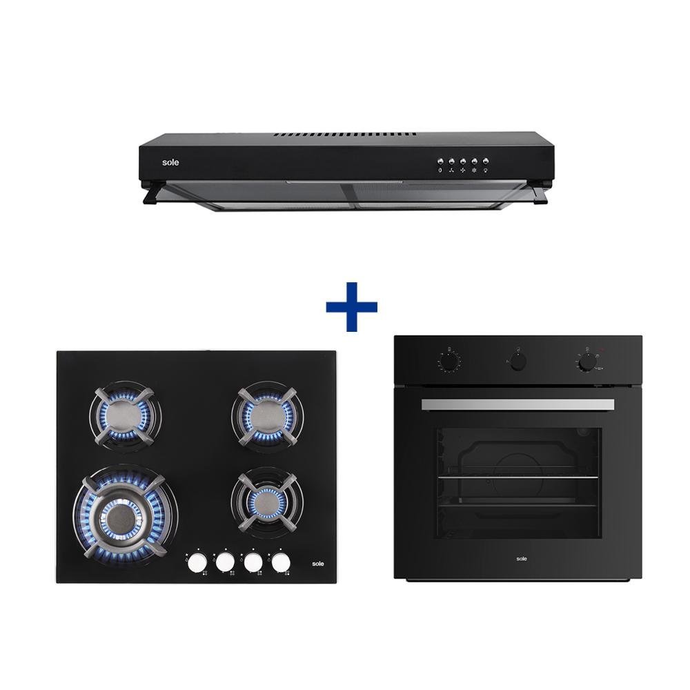 COCINA EMP. SOLE 4Q VIDRIO SOLCO034GN + HORNO EMPOTRABLE SOLE MIX CLASSIC + CAMPANA NYX 60 1M