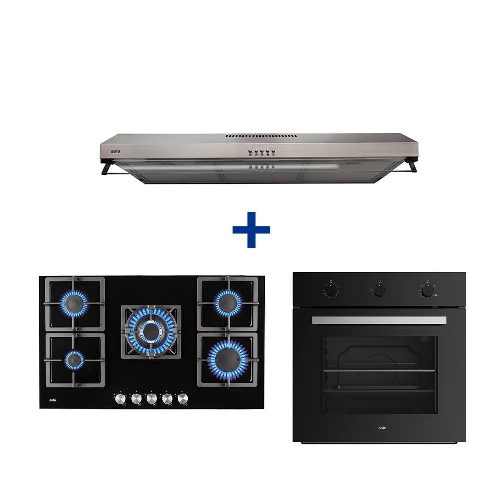 COCINA EMPOTRABLE SOLE 5Q TOP VIDRIO SOLCO041GN + HORNO EMPOTRABLE SOLE MIX CLASSIC + CAMPANA ROMA 90CM 2M