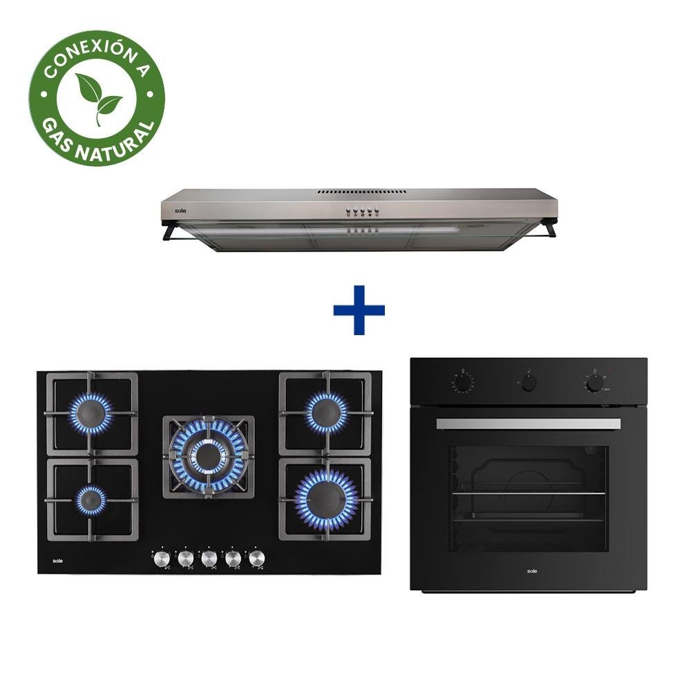 COCINA EMP. SOLE 5Q VIDRIO SOLCO041GN + CONEXIÓN + HORNO EMPOTRABLE SOLE MIX CLASSIC + CAMPANA ROMA 90CM 2M
