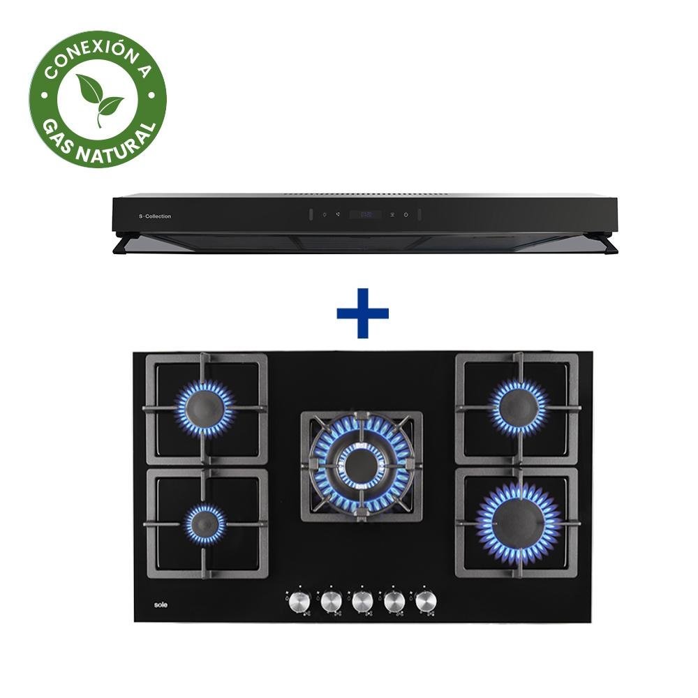 COCINA EMP. SOLE 5Q VIDRIO SOLCO041GN + CONEXIÓN + CAMPANA EXTRAC 2M 90 SLIM BLACK