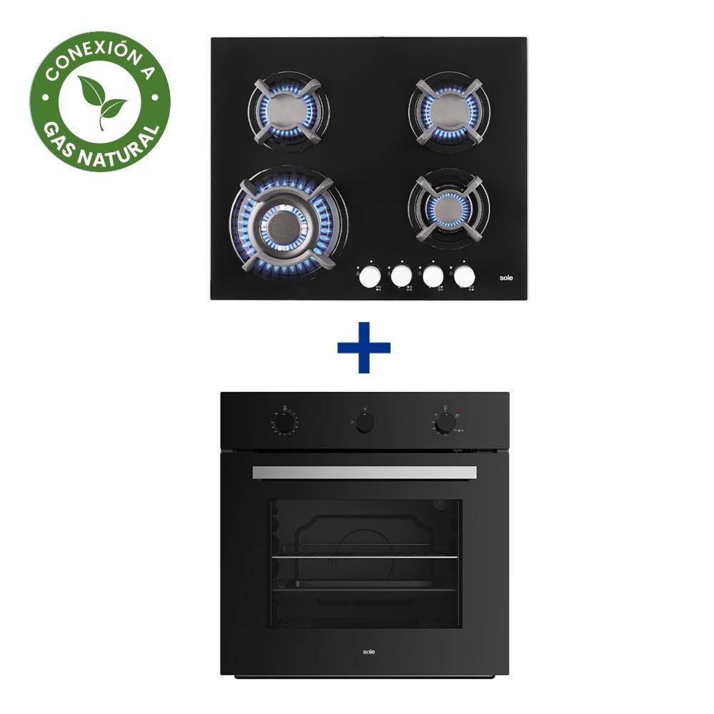 COCINA EMP. SOLE 4Q VIDRIO SOLCO034GN + CONEXIÓN + HORNO EMPOTRABLE SOLE MIX CLASSIC