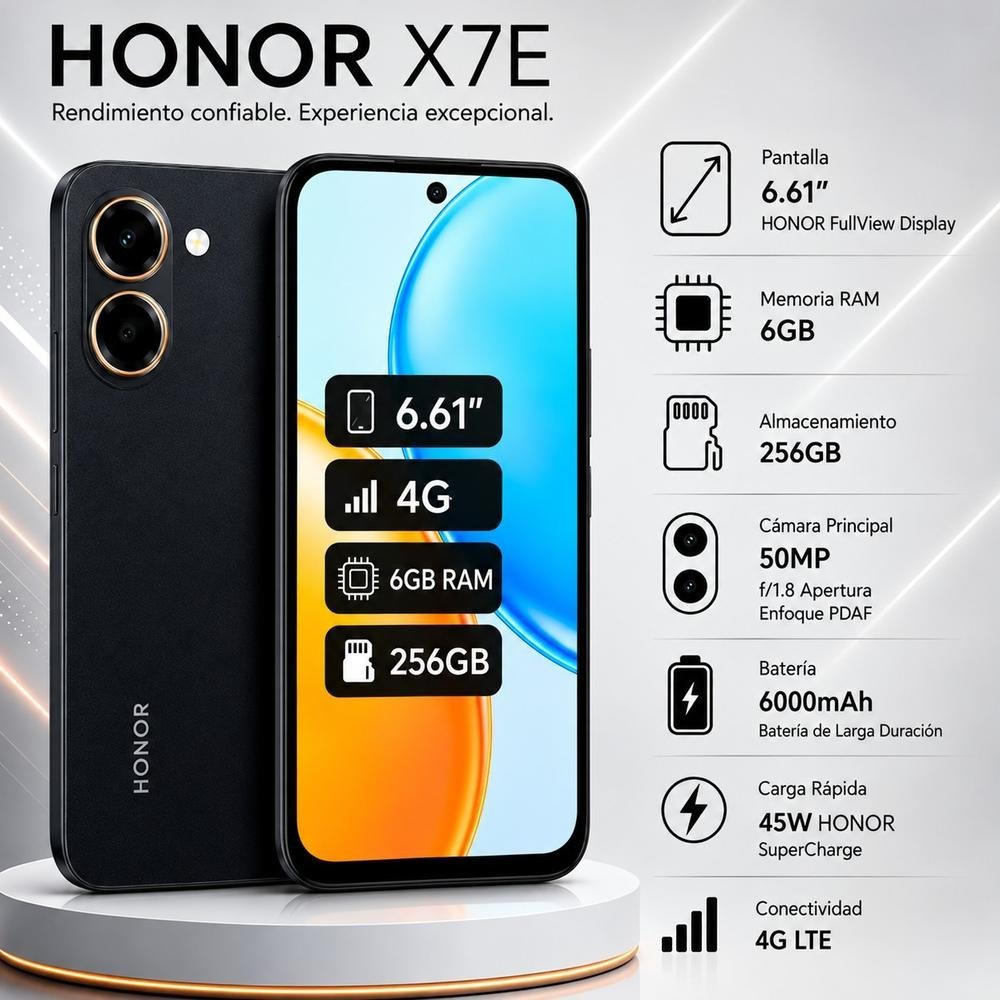CELULAR HONOR X7E 6GB+256GB NEGRO MEDIANOCHE + HONOR CHOICE EARBUDS X7 LITE BLANCO