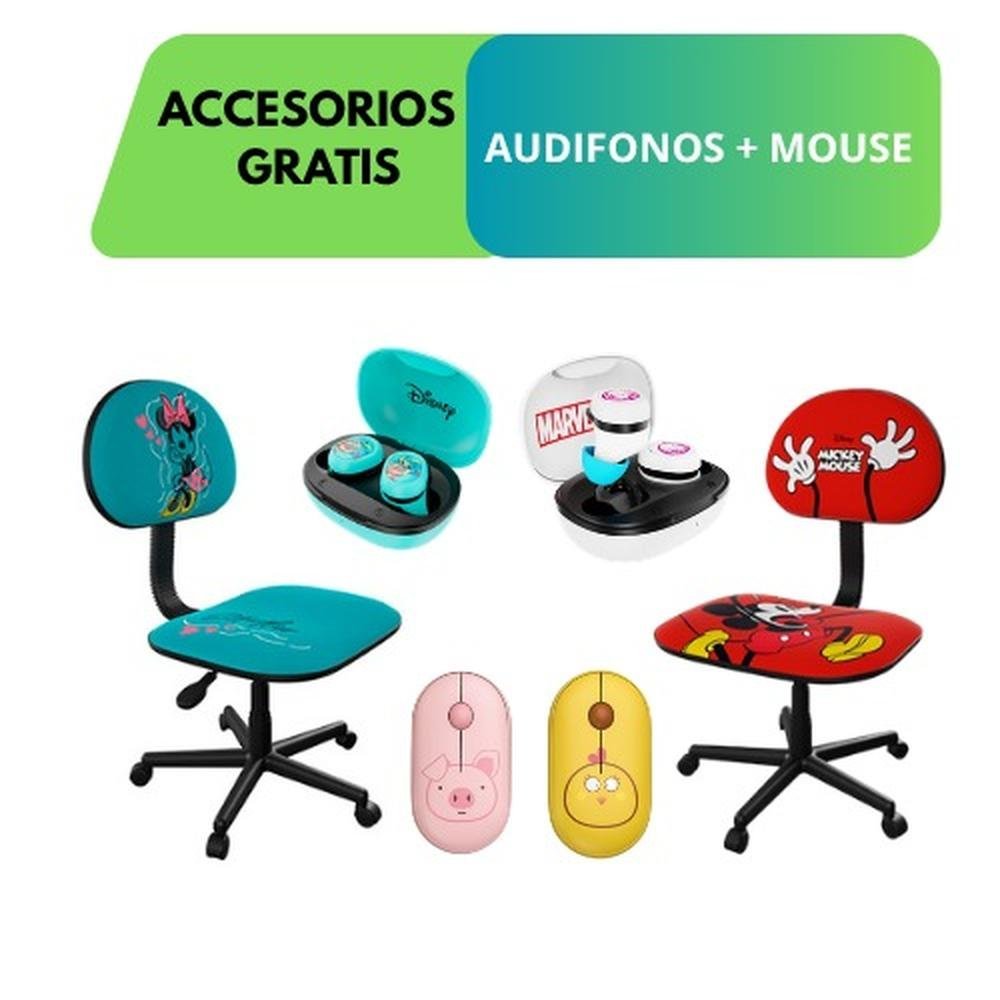 COMBO SILLA DE ESCRITORIO PARA NIÑOS MICKEY / MINNIE + AUDIFONOS INALAMBRICOS MARVEL / AUDIFONOS INALAMBRICOS STICH + MOUSE INALAMBRICO FIVE FARM CERDITO / MOUSE INALAMBRICO FIVE FARM POLLITO